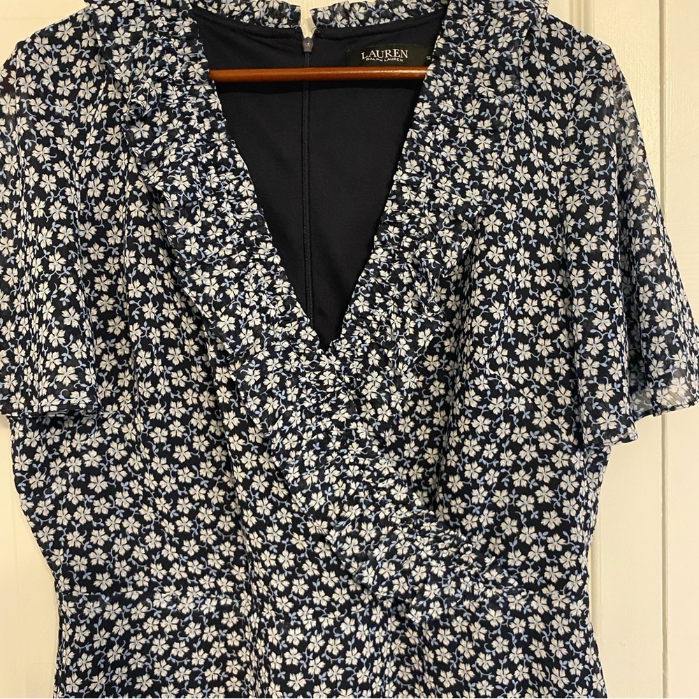 Lauren Ralph Lauren Mini Dress 14‎ Navy Blue Floral Cottagecore Preppy Feminine - Picture 4 of 8